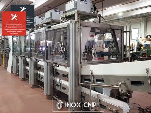 Automatic packaging line4b of frosty food in boxes composed by 4 robots, conveyors and stainless steel structures • Inox Cmp srl©